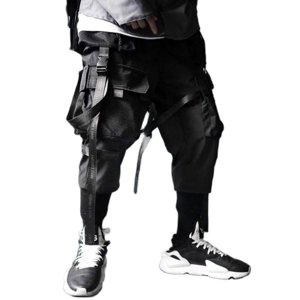 

men's pants ribbons multi pockets cargo men harajuku casual track trouser hip hop streetwear joggers, Black
