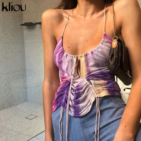 

women's tanks & camis kliou bandage v-neck camisole tank women sleeveless crop blackless tie dye print streetwear summer 2021 fashi, White
