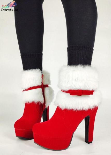 

boots doratasia women platform solid zipper high heels warm plush ankle shoes fashion thick fur butterfly knot, Black