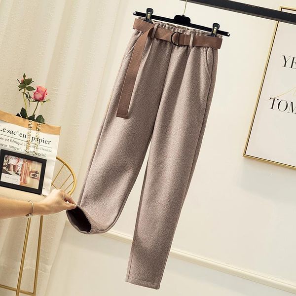 

winter elastic women's woolen with belt ladies high waist ankle length soft warm loose cusaul harem pants plus size, Black;white