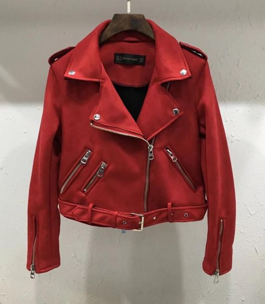 

women's jackets 2022 spring autumn long sleeved short couture suede leather lady jacket coat casual zip button outwear with waist strap, Black;brown