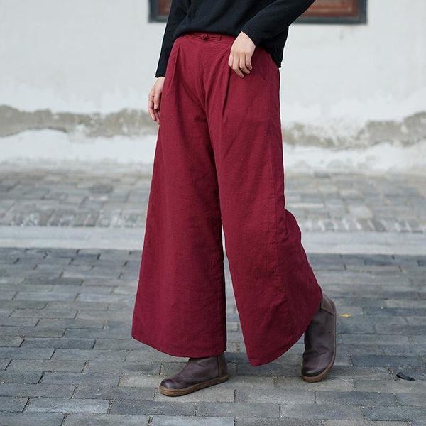 

women's pants & capris johnature women cotton linen wide leg thick 2021 spring elastic waist pockets solid color trouser loose warm, Black;white