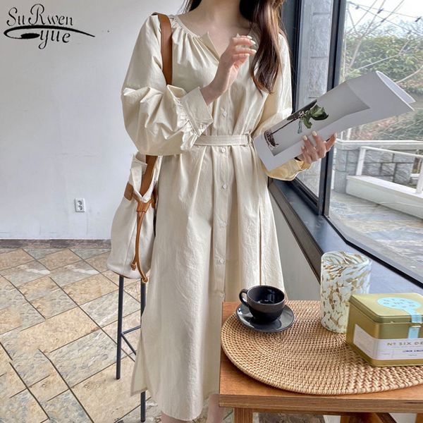 

women spring summer dresses fashion lace up casual buttons o-neck vintage oversize long dress apricot robe femme 13285 210427, Black;gray