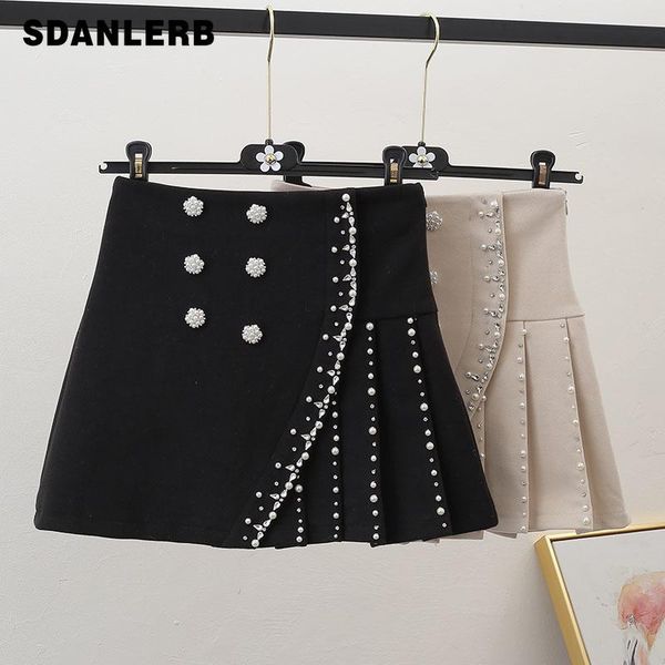 

skirts beaded pleated mini skirt for women 2021 spring pearl double-breasted diamond high waist slimming a- line short jupe, Black
