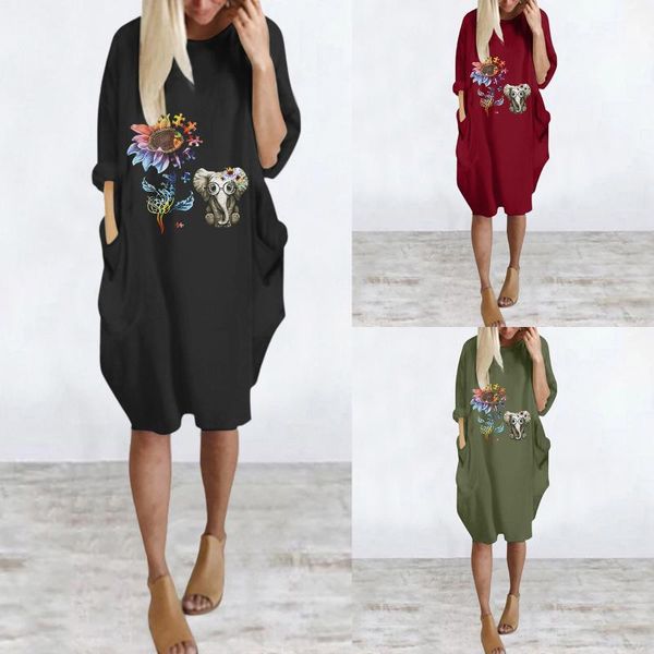 

casual dresses women loose dress vogue sunflower print autumn 2021 long sleeve o neck party club midi vestidos robes femme streetwear, Black;gray
