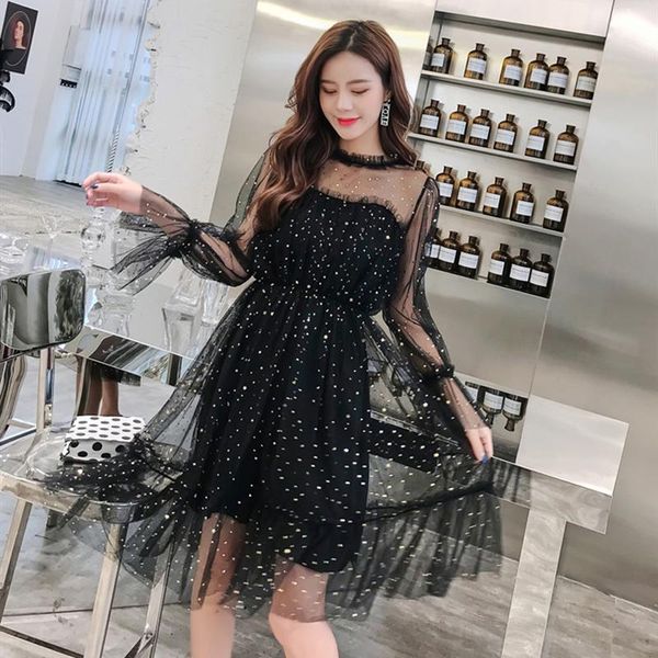 

casual dresses spring and autumn style korean version of temperament mesh long elastic waist dress, Black;gray
