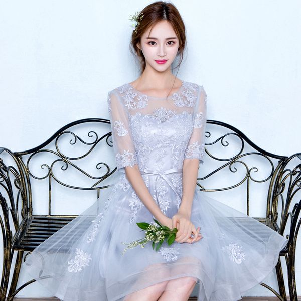 

2021 bridmaid fashion evening grey medium sleeve short slim banquet host drs, White