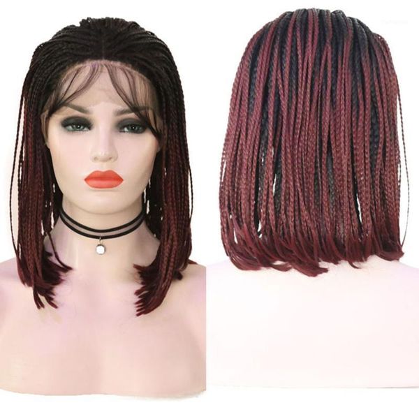 

wigs ombre red micro braiding synthetic hair lace front wig for women daily wear bob crochet braided heat fiber1, Black
