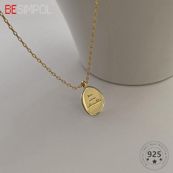

chains besimpol real 925 sterling silver round pendant necklace simple elegant gold letter for women fine jewelry