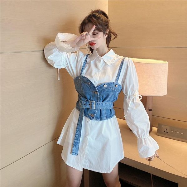 

women's blouses & shirts 2021 korean elegant women 2piece blouse sets bow tie puff sleeve ruffle turn-down collar + sashes slim demin v, White