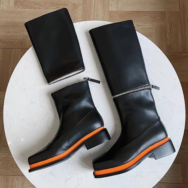 

boots haraval women squared toe thick heels knee high platform punk zipper black fashion shoes elegant mode removable e173l
