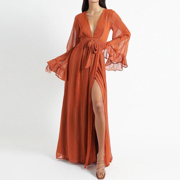 

casual dresses orange deep v neck chiffon maxi dress ruffled long flare split sashes floor length robes for women, Black;gray