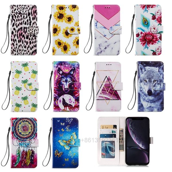 Sonnenblumen-Leder-Geldbörsenhüllen für iPhone 13 Pro Max 2021 12 Mini 11 XR XS X 8 7 8P, modische Blume, Ananas, Leopard, Schmetterling, Marmor, Wolf