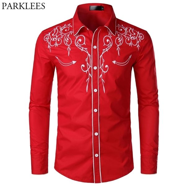 Camicia da smoking rossa con ricamo floreale Camicia da uomo slim a maniche lunghe di marca maschile s Chemise Homme Festa di nozze per uomo 210721