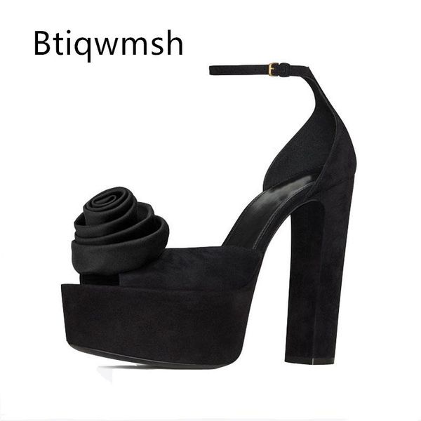

sandals rose flower platform women open toe black soft real suede 16cm high heel shoes woman runway