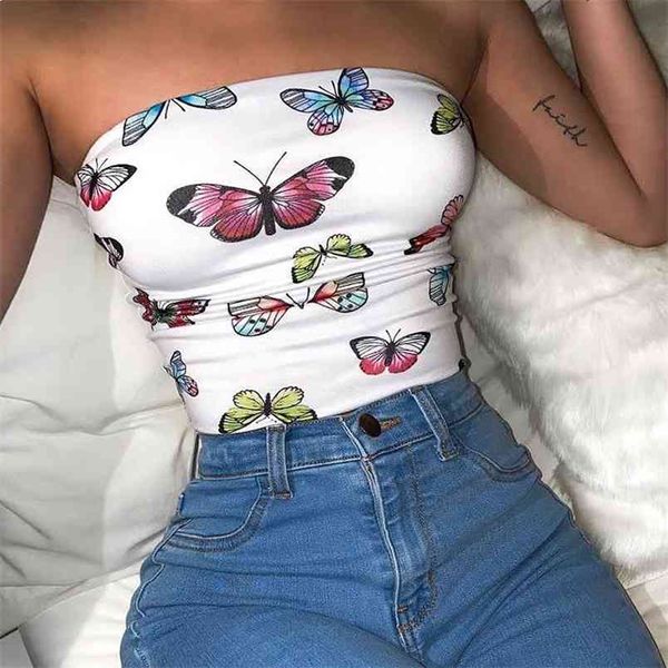 

omsj summer women off-shoulder vest butterfly printing sleeveless skiny fashion crop ladies style streetwear 210517, White
