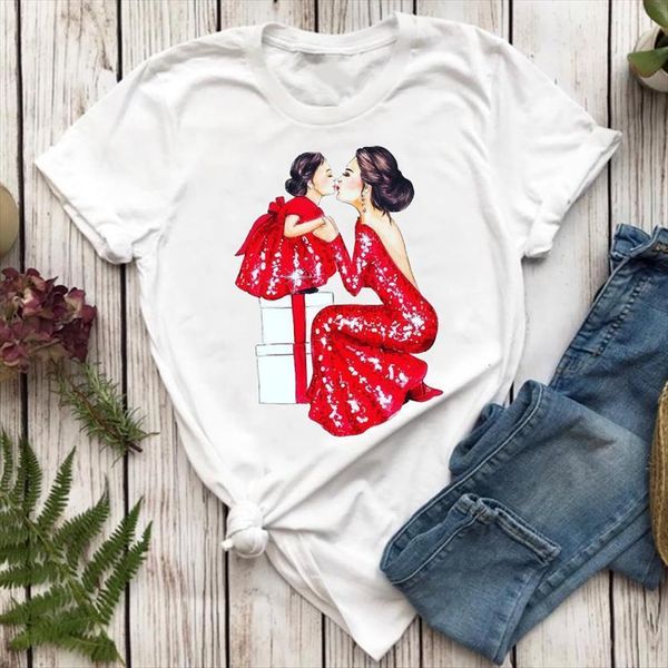 

elegant sweet mom mother daughter women printing mama cartoon ladies print graphic lady shirt female tee, White