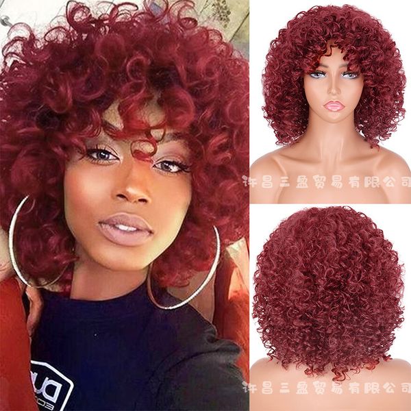 

short wine style red small burst roll chemical fiber wig headgear wigs, Black;brown