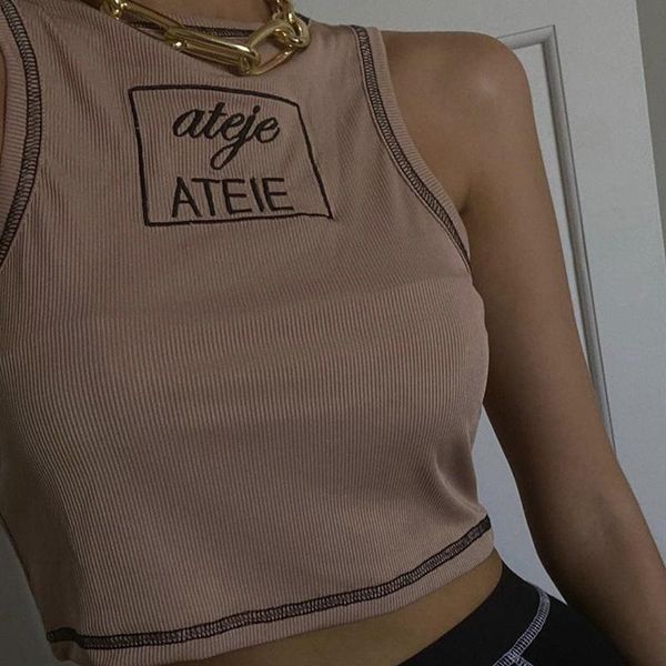

women's t-shirt letter embroidery sleeveless crop women khaki o neck knit t shirts basic summer casual off shoulder tank, White