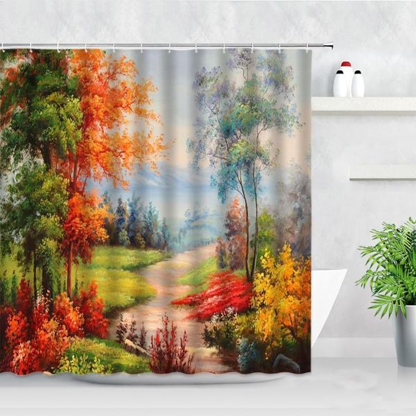 

shower curtains autumn scenery oil painting meadow trees yellow leaves natural landscape art decor screens bathroom curtain set