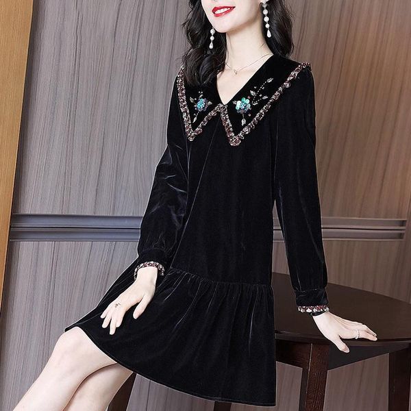 

fall spring casual women sequined floral embroidery black velvet dress , a line 4xl beading velour dresses for woman clothes, Black;gray