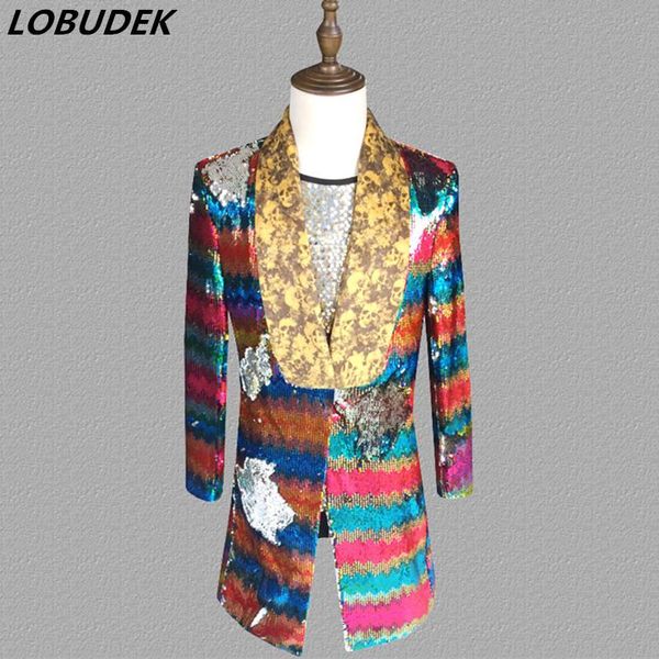 

men's suits & blazers men double-sided colorful striped sequins nightclub dj singer concert outerwear stage costume fashion sequin long, White;black