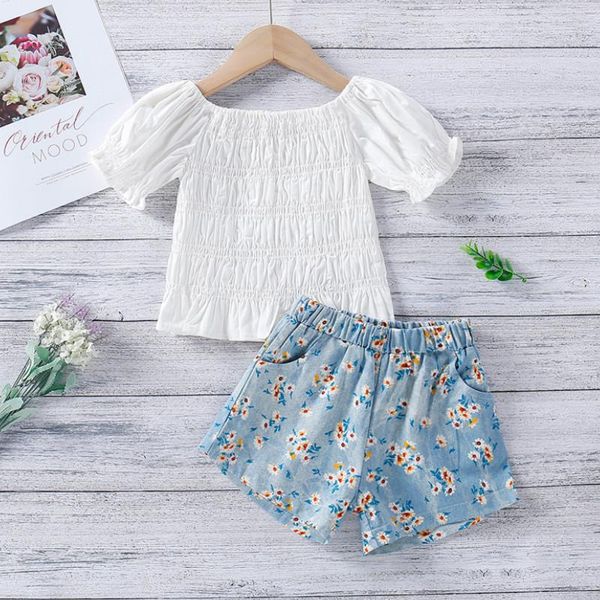 

girls casual two-piece clothes set, white solid color round collar short sleeve + floral printed shorts summer 2021 clothing sets