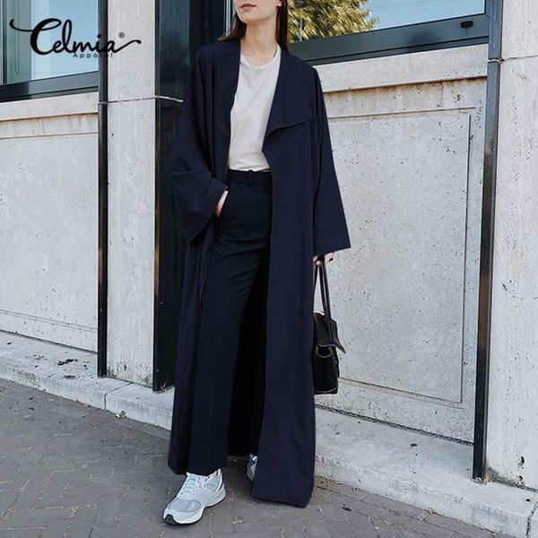 

women's trench coats long celmia vintage fashion 2021 autumn winter lapel casual loose windbreaker oversized elegant office coat, Tan;black