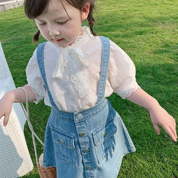 

childrens clothing 2021 summer new girl korean lace shirt and denim strap skirt two-piece suit, White