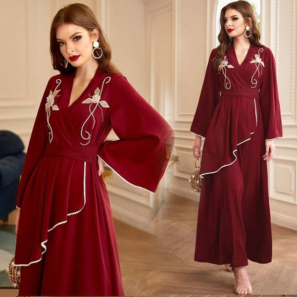 

ethnic clothing muslim women's design dress abaya wine red pearl diamond decoration fashion elegant long sleeve skir