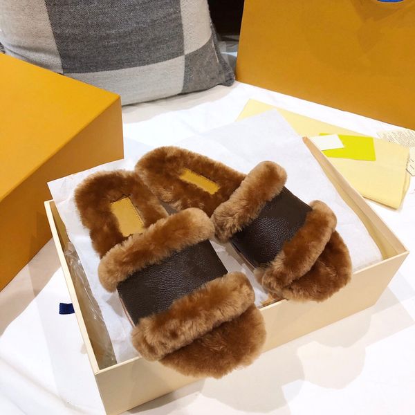 

2021 Top Designers Luxury Fur Sandals Fashion Slippers Slides High Quality Classic Autumn Winter Indoor Sandal with Box 35-42, Black