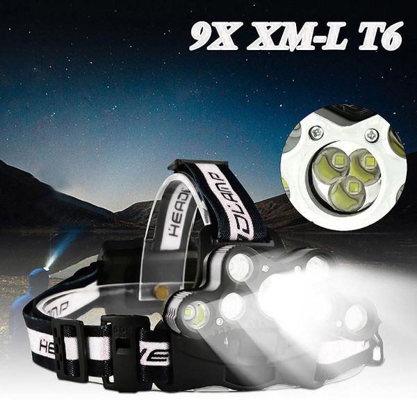 

travel head torch rechargeable 45000 lm 9x xm-l t6 headlamp headlight lamp light headlamp#0213g10 bike lights