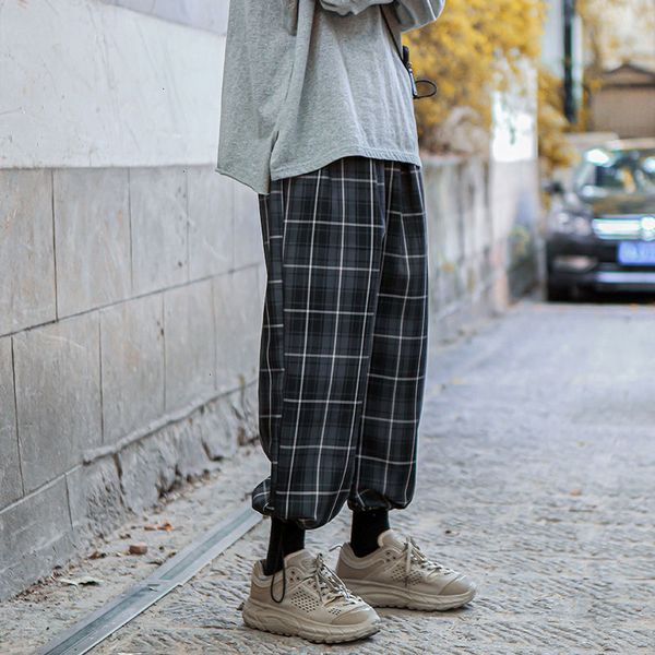 

men's pants lattice printing casual male loose sports bound feet elastic waist haren black trousers large size m-5xl pfec