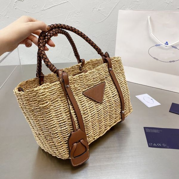 

women's bag fashion ladies straw woven handbag brand luxury large-capacity leather trim box
