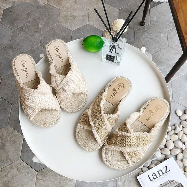 

slippers drop brand designer women summerrural amorous feelings woven straw sandals ladies beach zapatos mujer, Black