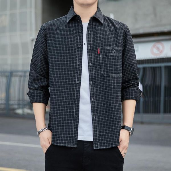 

men's casual shirts mens pocket plaid cotton shirt long sleeve checkered men slim fit black fashion autumn winter coat, White;black