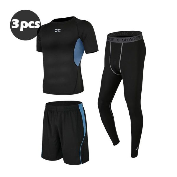 

3pcs men's workout set compression shirts + sports pants fitness shorts gym sportswear outfits for running active exercise clothing, White;black