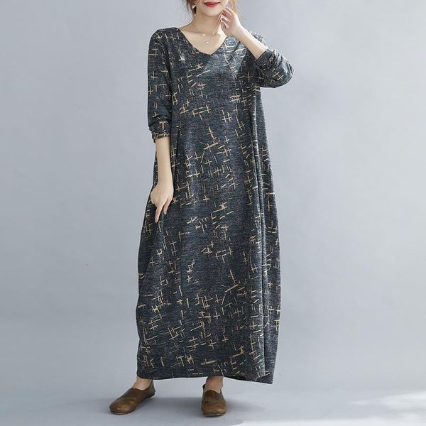 

casual dresses johnature 2021 plus size v-neck women robe long spring autumn loose print female dress, Black;gray