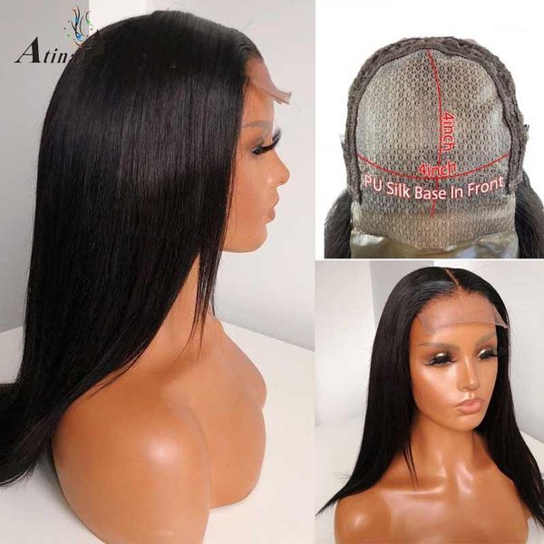 

straight pu silke base wig brazilian remy 4*4 silk lace closure bleach knots long hair 130 150 180 atina1, Black;brown