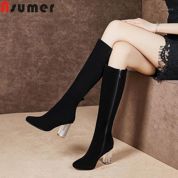 

boots asumer fashion knee high round toe zip suede leather shoes autumn winter transparent heels women 20211, Black