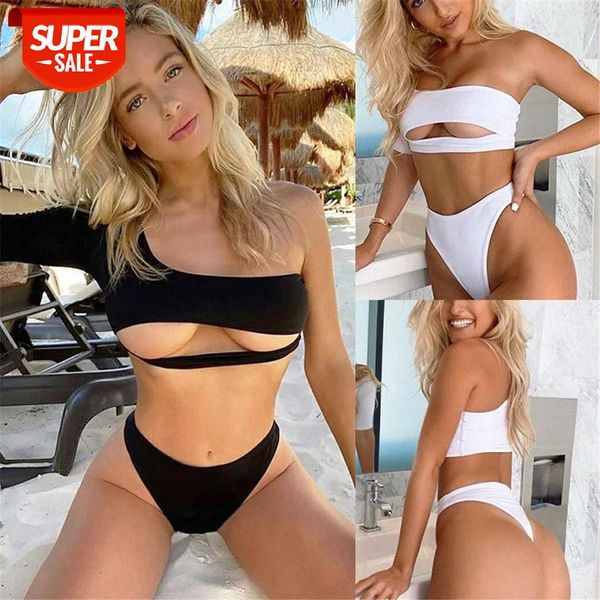 

new bikinis women solid color style half sleeve high waist swimsuit summer swimming pool sets black white #fl2h, White;black