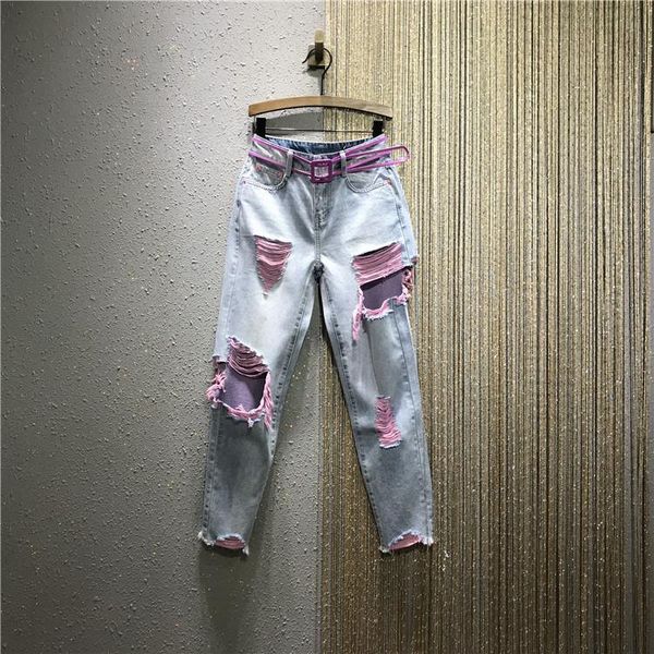 

women's jeans europe style 2021 summer autumn hole denim pants girls students streetwear a3543, Blue