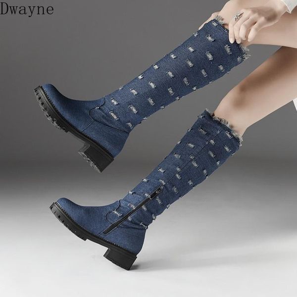 

boots 2021 autumn and winter low heel side zipper stretch high denim women's, Black