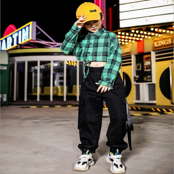 

childrens performance wear hip hop set for girls cotton grid long sleeve shirt +pants stage clothes girls sets dance clothes, White