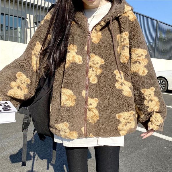 

women's wool & blends 2021 winter bear print hoodies lamb coats oversize korean hooded lambswool jacket women kawaii zipper woolen coat, Black