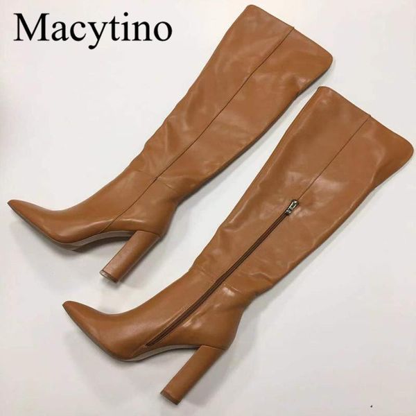 

boots genuine leather knee high winter heel pointed toe shoes women quality, Black