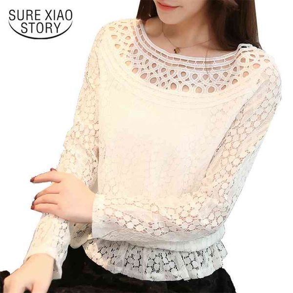 

office lady hollow out solid korean all-match lace shirt women long sleeve blouse c942 30 210506, White