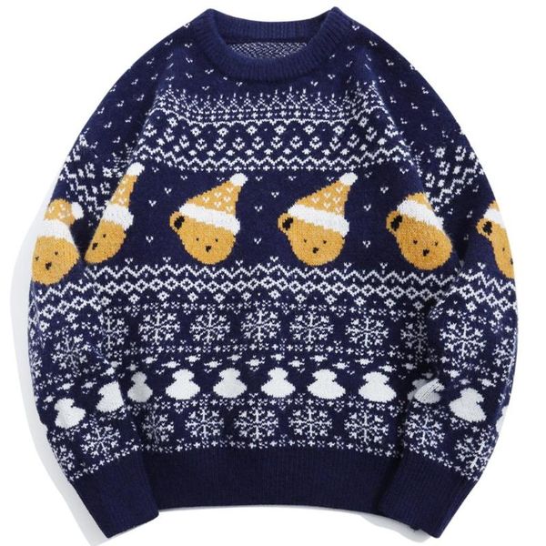 

men's sweaters streetwear winter pullover men women christmas bear pattern knitted sweater harajuku loose jumpers cotton, White;black