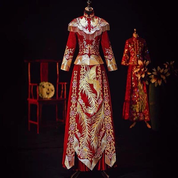 

autumn and winter female costume wedding dress chinese toast clothing xiuhe bride ethnic, Red