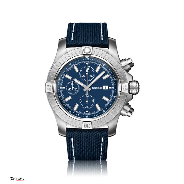 

men's quartz mechanical chronograph watch 316 stainless steel silver white case blue calendar dial brand requin leather strap avenger 5, Slivery;brown